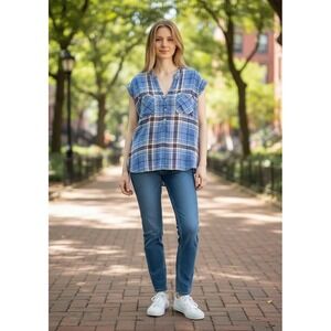 Gap Cap Sleeve Blue Plaid Shirt Women L Popover Western Rustic Lagen Boho #818